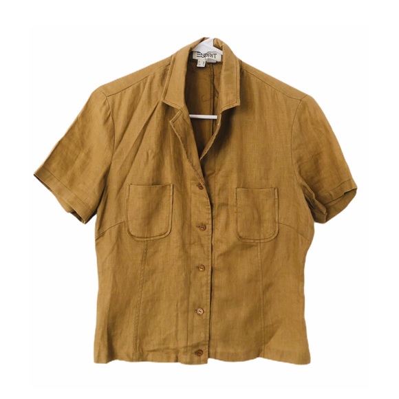 Vintage Tops - Vintage 90s Linen Cropped Short Sleeve Shirt Khaki